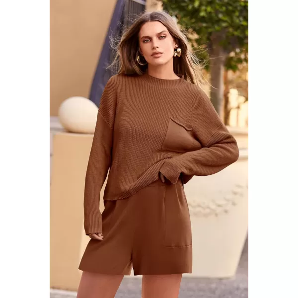 imagePRETTYGARDEN Women 2 Piece Knit Sweater Outfit Long Sleeve Pullover Top Wide Leg Shorts Loungewear Sweatsuits SetBrown
