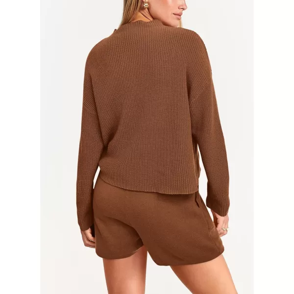 imagePRETTYGARDEN Women 2 Piece Knit Sweater Outfit Long Sleeve Pullover Top Wide Leg Shorts Loungewear Sweatsuits SetBrown