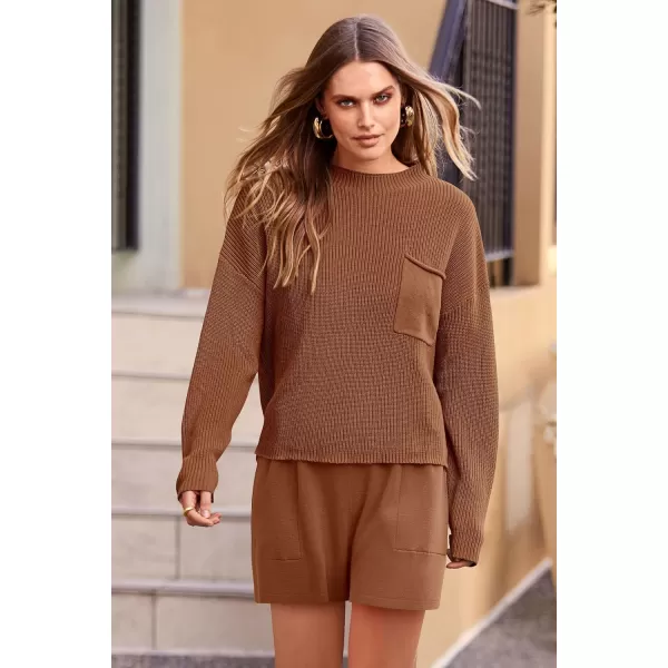 imagePRETTYGARDEN Women 2 Piece Knit Sweater Outfit Long Sleeve Pullover Top Wide Leg Shorts Loungewear Sweatsuits SetBrown