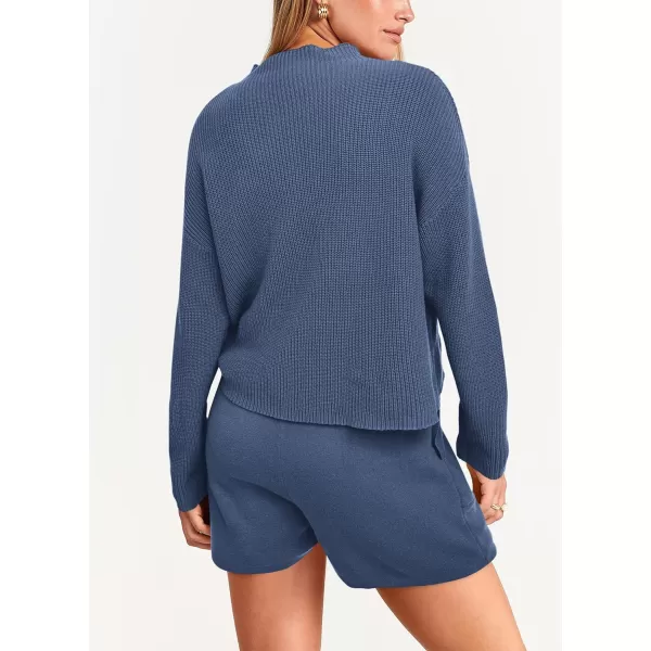imagePRETTYGARDEN Women 2 Piece Knit Sweater Outfit Long Sleeve Pullover Top Wide Leg Shorts Loungewear Sweatsuits SetDark Blue