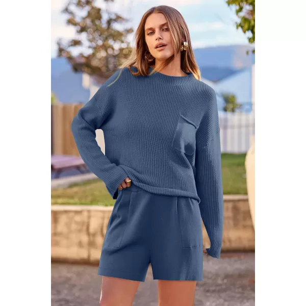 imagePRETTYGARDEN Women 2 Piece Knit Sweater Outfit Long Sleeve Pullover Top Wide Leg Shorts Loungewear Sweatsuits SetDark Blue