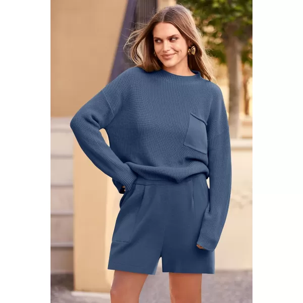 imagePRETTYGARDEN Women 2 Piece Knit Sweater Outfit Long Sleeve Pullover Top Wide Leg Shorts Loungewear Sweatsuits SetDark Blue