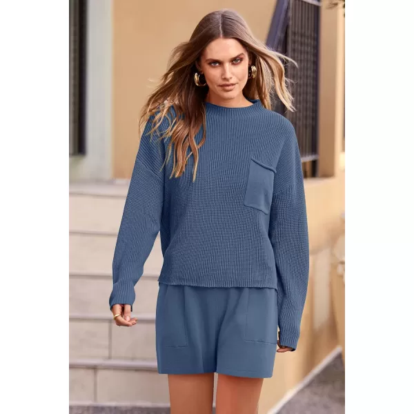 imagePRETTYGARDEN Women 2 Piece Knit Sweater Outfit Long Sleeve Pullover Top Wide Leg Shorts Loungewear Sweatsuits SetDark Blue