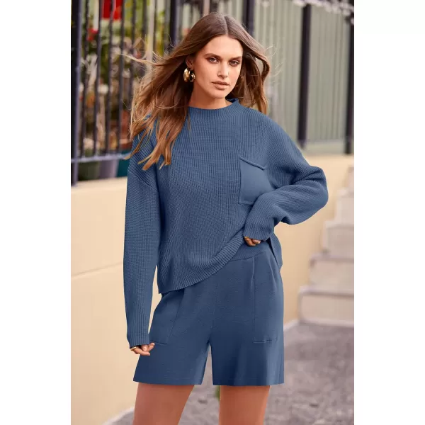 imagePRETTYGARDEN Women 2 Piece Knit Sweater Outfit Long Sleeve Pullover Top Wide Leg Shorts Loungewear Sweatsuits SetDark Blue