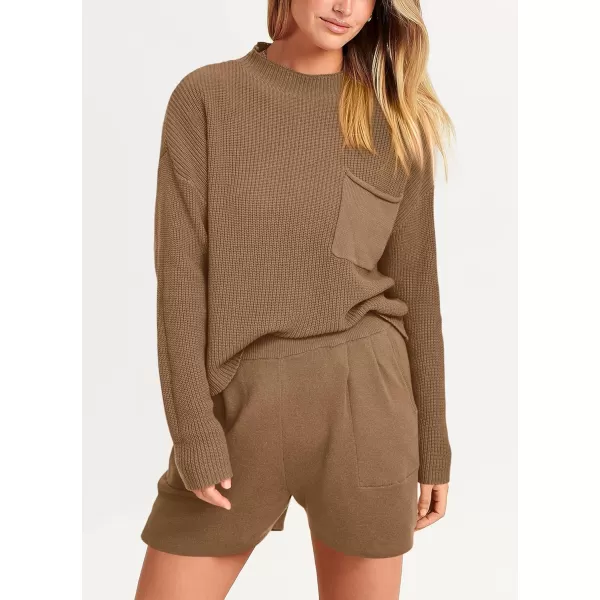 imagePRETTYGARDEN Women 2 Piece Knit Sweater Outfit Long Sleeve Pullover Top Wide Leg Shorts Loungewear Sweatsuits SetKhaki