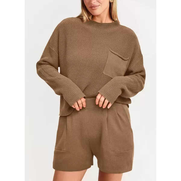 imagePRETTYGARDEN Women 2 Piece Knit Sweater Outfit Long Sleeve Pullover Top Wide Leg Shorts Loungewear Sweatsuits SetKhaki