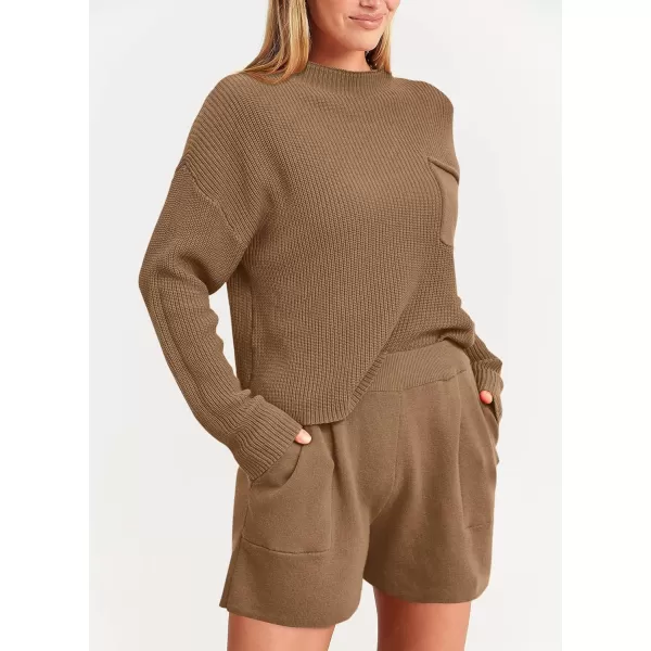 imagePRETTYGARDEN Women 2 Piece Knit Sweater Outfit Long Sleeve Pullover Top Wide Leg Shorts Loungewear Sweatsuits SetKhaki