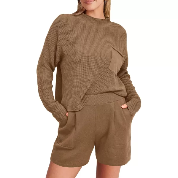 imagePRETTYGARDEN Women 2 Piece Knit Sweater Outfit Long Sleeve Pullover Top Wide Leg Shorts Loungewear Sweatsuits SetKhaki