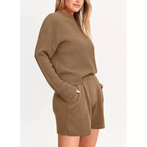 imagePRETTYGARDEN Women 2 Piece Knit Sweater Outfit Long Sleeve Pullover Top Wide Leg Shorts Loungewear Sweatsuits SetKhaki