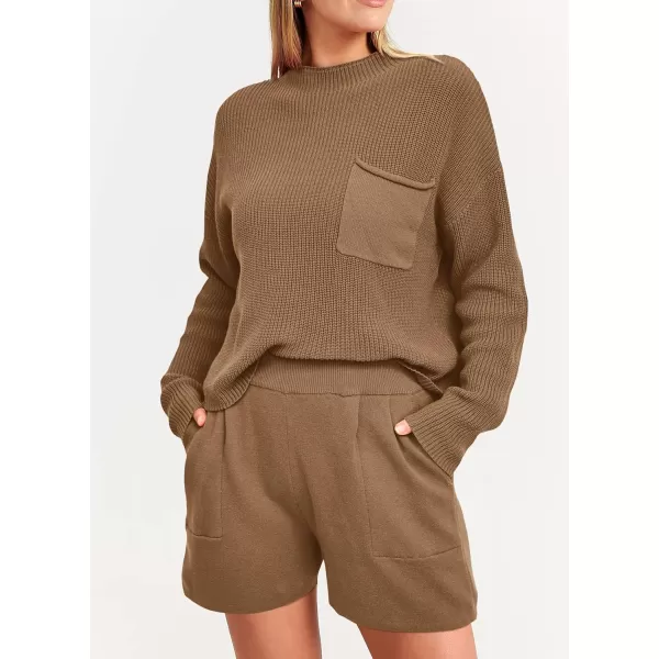 imagePRETTYGARDEN Women 2 Piece Knit Sweater Outfit Long Sleeve Pullover Top Wide Leg Shorts Loungewear Sweatsuits SetKhaki