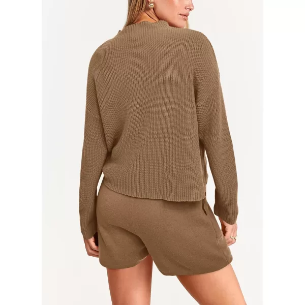 imagePRETTYGARDEN Women 2 Piece Knit Sweater Outfit Long Sleeve Pullover Top Wide Leg Shorts Loungewear Sweatsuits SetKhaki