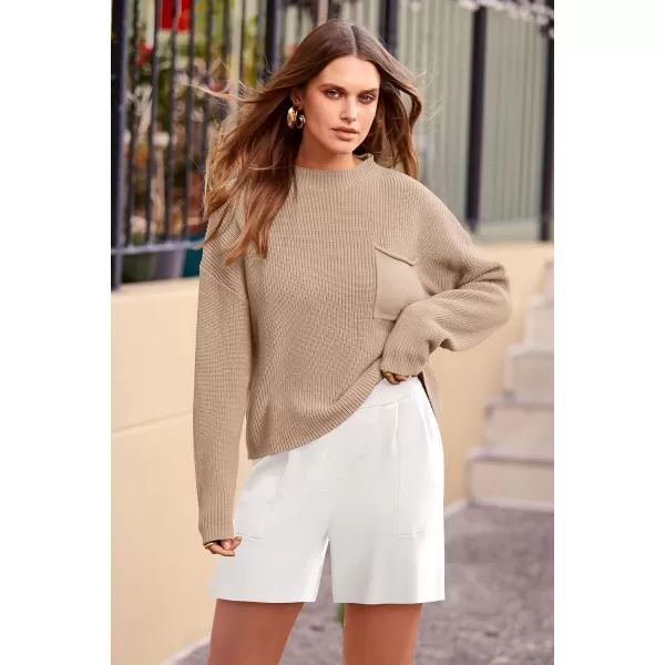 imagePRETTYGARDEN Women 2 Piece Knit Sweater Outfit Long Sleeve Pullover Top Wide Leg Shorts Loungewear Sweatsuits SetKhaki Beige White