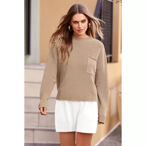 imagePRETTYGARDEN Women 2 Piece Knit Sweater Outfit Long Sleeve Pullover Top Wide Leg Shorts Loungewear Sweatsuits SetKhaki Beige White