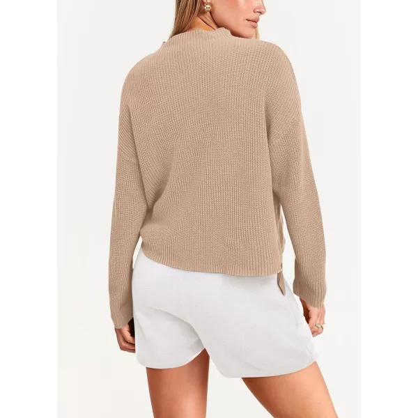 imagePRETTYGARDEN Women 2 Piece Knit Sweater Outfit Long Sleeve Pullover Top Wide Leg Shorts Loungewear Sweatsuits SetKhaki Beige White