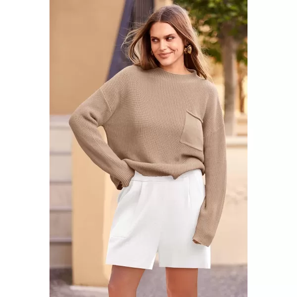 imagePRETTYGARDEN Women 2 Piece Knit Sweater Outfit Long Sleeve Pullover Top Wide Leg Shorts Loungewear Sweatsuits SetKhaki Beige White
