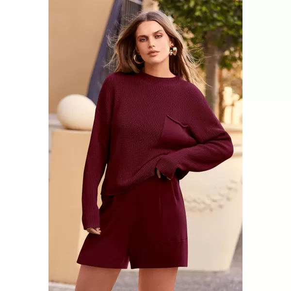 imagePRETTYGARDEN Women 2 Piece Knit Sweater Outfit Long Sleeve Pullover Top Wide Leg Shorts Loungewear Sweatsuits SetWine Red