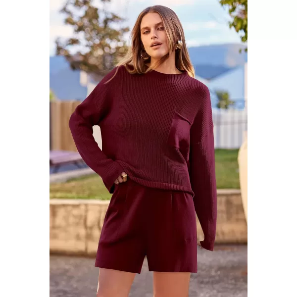 imagePRETTYGARDEN Women 2 Piece Knit Sweater Outfit Long Sleeve Pullover Top Wide Leg Shorts Loungewear Sweatsuits SetWine Red