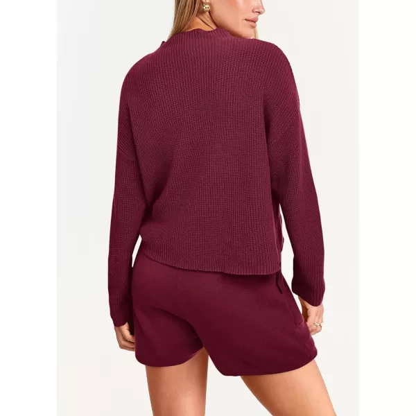 imagePRETTYGARDEN Women 2 Piece Knit Sweater Outfit Long Sleeve Pullover Top Wide Leg Shorts Loungewear Sweatsuits SetWine Red