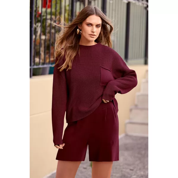 imagePRETTYGARDEN Women 2 Piece Knit Sweater Outfit Long Sleeve Pullover Top Wide Leg Shorts Loungewear Sweatsuits SetWine Red