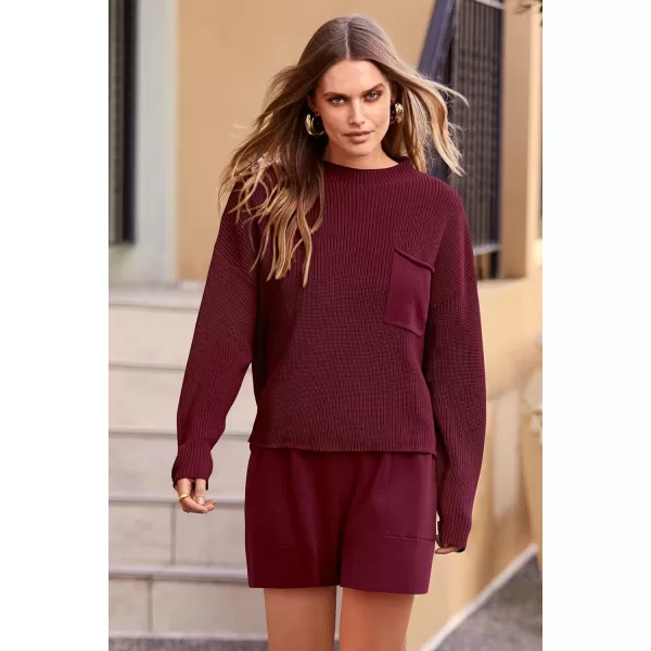imagePRETTYGARDEN Women 2 Piece Knit Sweater Outfit Long Sleeve Pullover Top Wide Leg Shorts Loungewear Sweatsuits SetWine Red