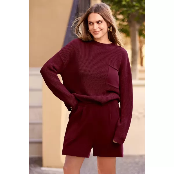 imagePRETTYGARDEN Women 2 Piece Knit Sweater Outfit Long Sleeve Pullover Top Wide Leg Shorts Loungewear Sweatsuits SetWine Red