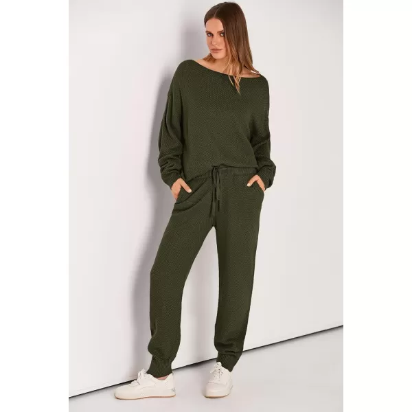 imagePRETTYGARDEN Women 2 Piece Outfits Long Sleeve Pullover Tops And Long Pants Tracksuit Sweater SetsArmy Green