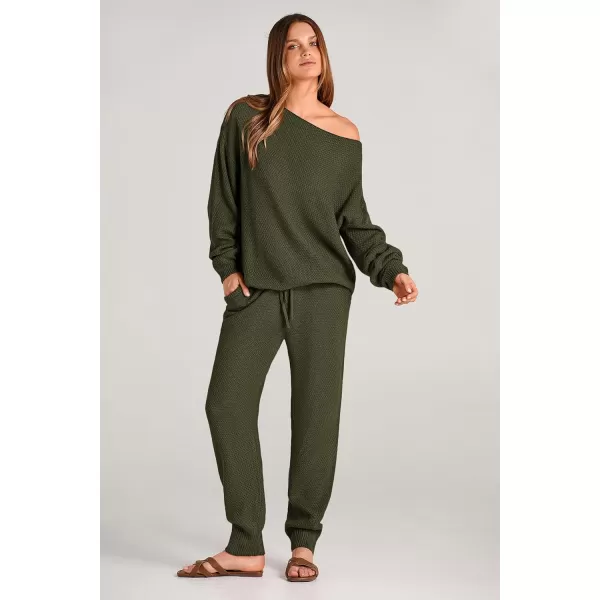 imagePRETTYGARDEN Women 2 Piece Outfits Long Sleeve Pullover Tops And Long Pants Tracksuit Sweater SetsArmy Green