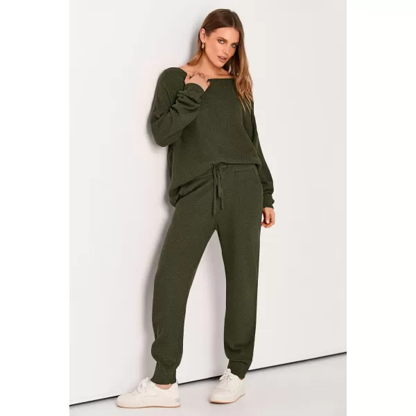 imagePRETTYGARDEN Women 2 Piece Outfits Long Sleeve Pullover Tops And Long Pants Tracksuit Sweater SetsArmy Green