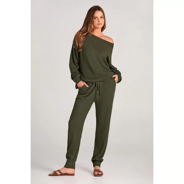imagePRETTYGARDEN Women 2 Piece Outfits Long Sleeve Pullover Tops And Long Pants Tracksuit Sweater SetsArmy Green