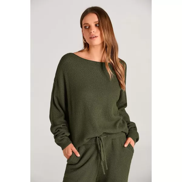 imagePRETTYGARDEN Women 2 Piece Outfits Long Sleeve Pullover Tops And Long Pants Tracksuit Sweater SetsArmy Green