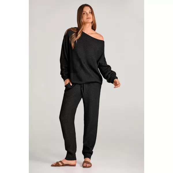 imagePRETTYGARDEN Women 2 Piece Outfits Long Sleeve Pullover Tops And Long Pants Tracksuit Sweater SetsBlack