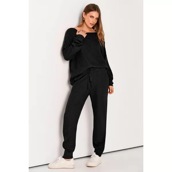 imagePRETTYGARDEN Women 2 Piece Outfits Long Sleeve Pullover Tops And Long Pants Tracksuit Sweater SetsBlack