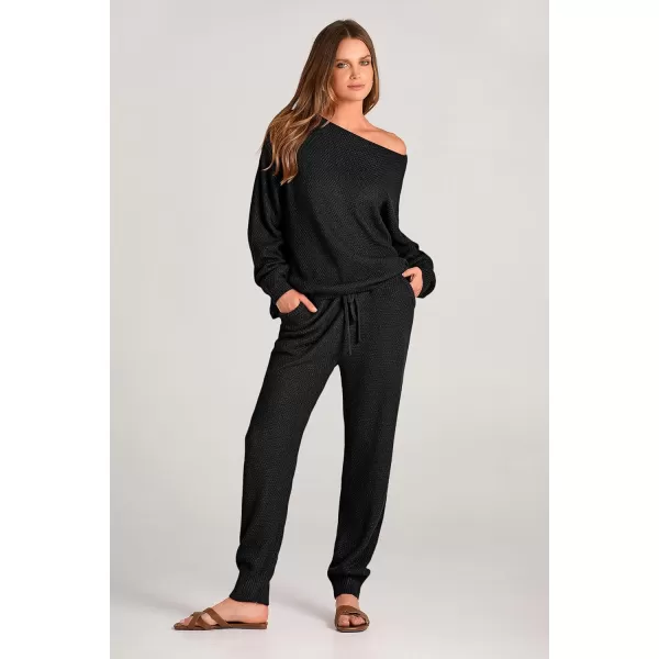 imagePRETTYGARDEN Women 2 Piece Outfits Long Sleeve Pullover Tops And Long Pants Tracksuit Sweater SetsBlack