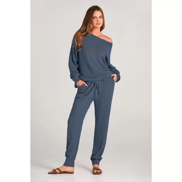 imagePRETTYGARDEN Women 2 Piece Outfits Long Sleeve Pullover Tops And Long Pants Tracksuit Sweater SetsBlue