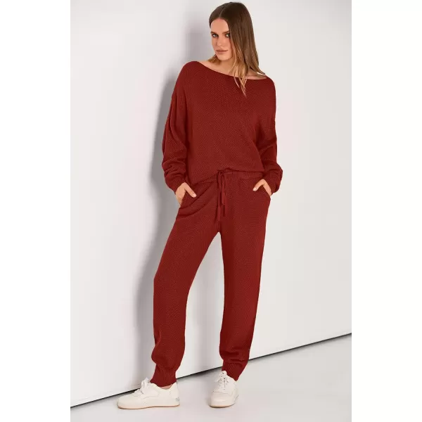 imagePRETTYGARDEN Women 2 Piece Outfits Long Sleeve Pullover Tops And Long Pants Tracksuit Sweater SetsRust Red