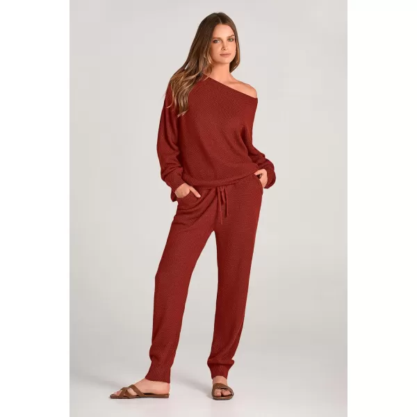 imagePRETTYGARDEN Women 2 Piece Outfits Long Sleeve Pullover Tops And Long Pants Tracksuit Sweater SetsRust Red
