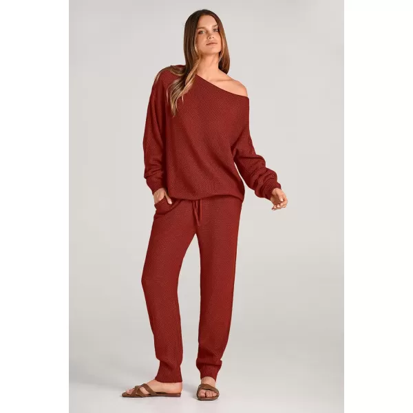 imagePRETTYGARDEN Women 2 Piece Outfits Long Sleeve Pullover Tops And Long Pants Tracksuit Sweater SetsRust Red