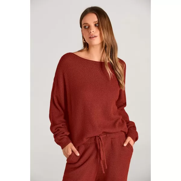 imagePRETTYGARDEN Women 2 Piece Outfits Long Sleeve Pullover Tops And Long Pants Tracksuit Sweater SetsRust Red