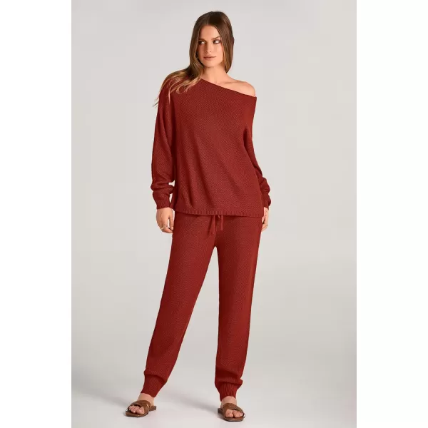 imagePRETTYGARDEN Women 2 Piece Outfits Long Sleeve Pullover Tops And Long Pants Tracksuit Sweater SetsRust Red