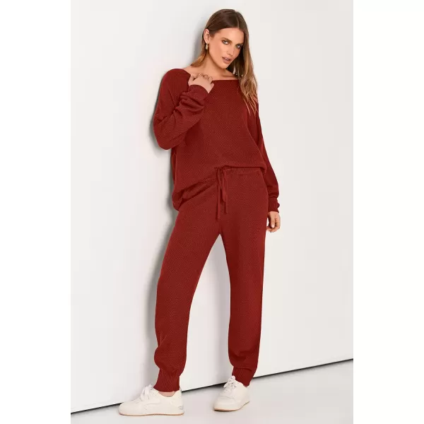 imagePRETTYGARDEN Women 2 Piece Outfits Long Sleeve Pullover Tops And Long Pants Tracksuit Sweater SetsRust Red