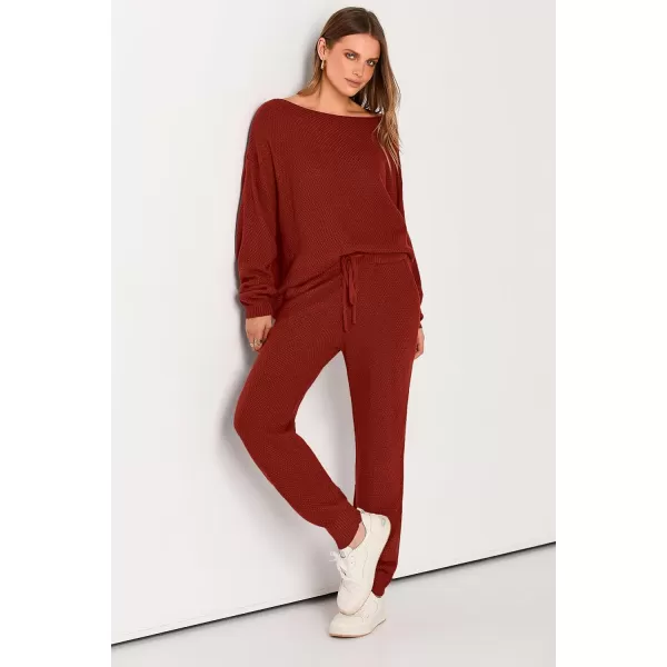 imagePRETTYGARDEN Women 2 Piece Outfits Long Sleeve Pullover Tops And Long Pants Tracksuit Sweater SetsRust Red