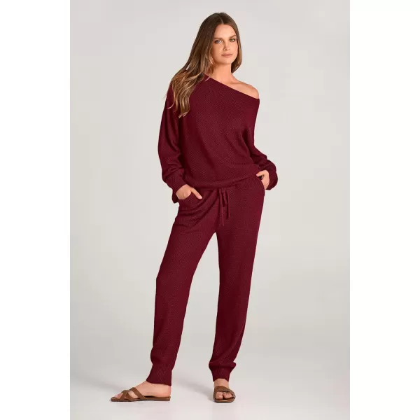 imagePRETTYGARDEN Women 2 Piece Outfits Long Sleeve Pullover Tops And Long Pants Tracksuit Sweater SetsWine Red