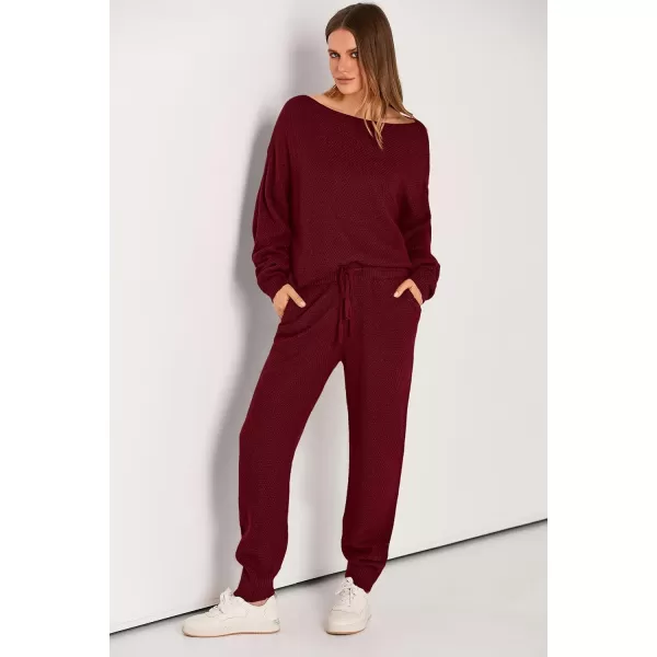 imagePRETTYGARDEN Women 2 Piece Outfits Long Sleeve Pullover Tops And Long Pants Tracksuit Sweater SetsWine Red