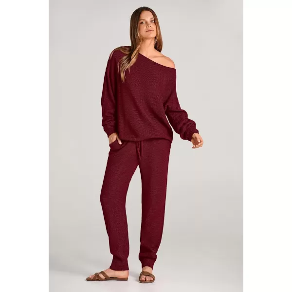 imagePRETTYGARDEN Women 2 Piece Outfits Long Sleeve Pullover Tops And Long Pants Tracksuit Sweater SetsWine Red