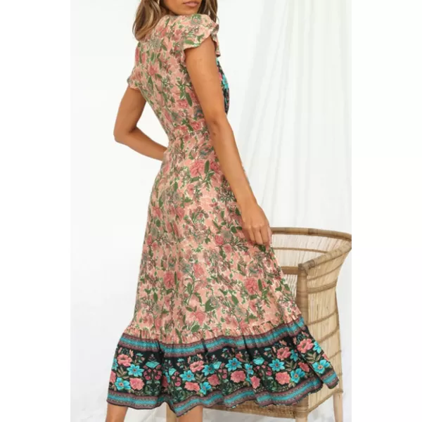 imagePRETTYGARDEN Women Boho Summer Side Split Deep V Neck Short Sleeves Maxi Dress with BeltApricot