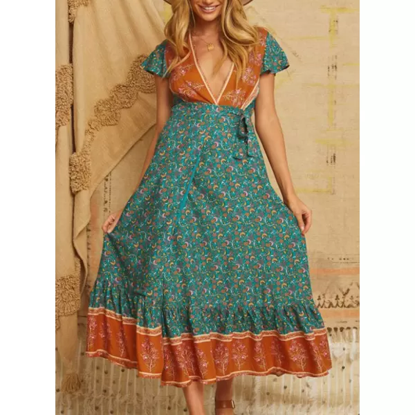 imagePRETTYGARDEN Women Boho Summer Side Split Deep V Neck Short Sleeves Maxi Dress with BeltDark Green
