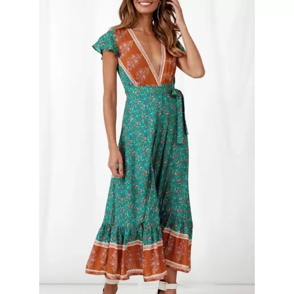 imagePRETTYGARDEN Women Boho Summer Side Split Deep V Neck Short Sleeves Maxi Dress with BeltDark Green