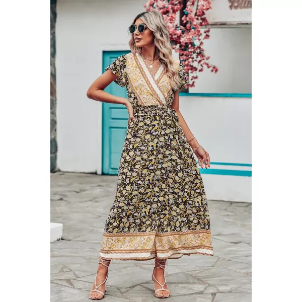 imagePRETTYGARDEN Women Boho Summer Side Split Deep V Neck Short Sleeves Maxi Dress with BeltFloral Black