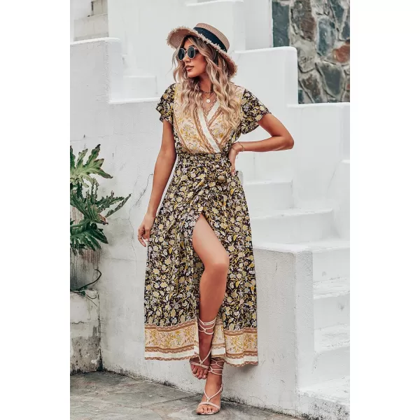 imagePRETTYGARDEN Women Boho Summer Side Split Deep V Neck Short Sleeves Maxi Dress with BeltFloral Black