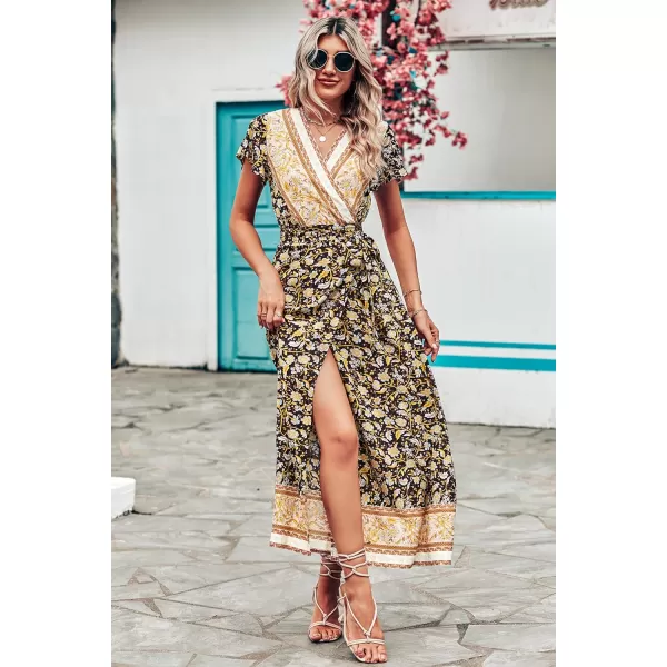 imagePRETTYGARDEN Women Boho Summer Side Split Deep V Neck Short Sleeves Maxi Dress with BeltFloral Black